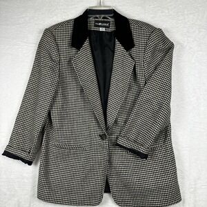 Vtg Sag Harbor Houndstooth Blazer Jacket Womens 12 Tweed Velvet Academia USA 80s